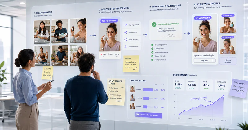 Marketing team reviewing creator content, permission approvals, ad variations, and performance results for a Meta Partnership Ads campaign.